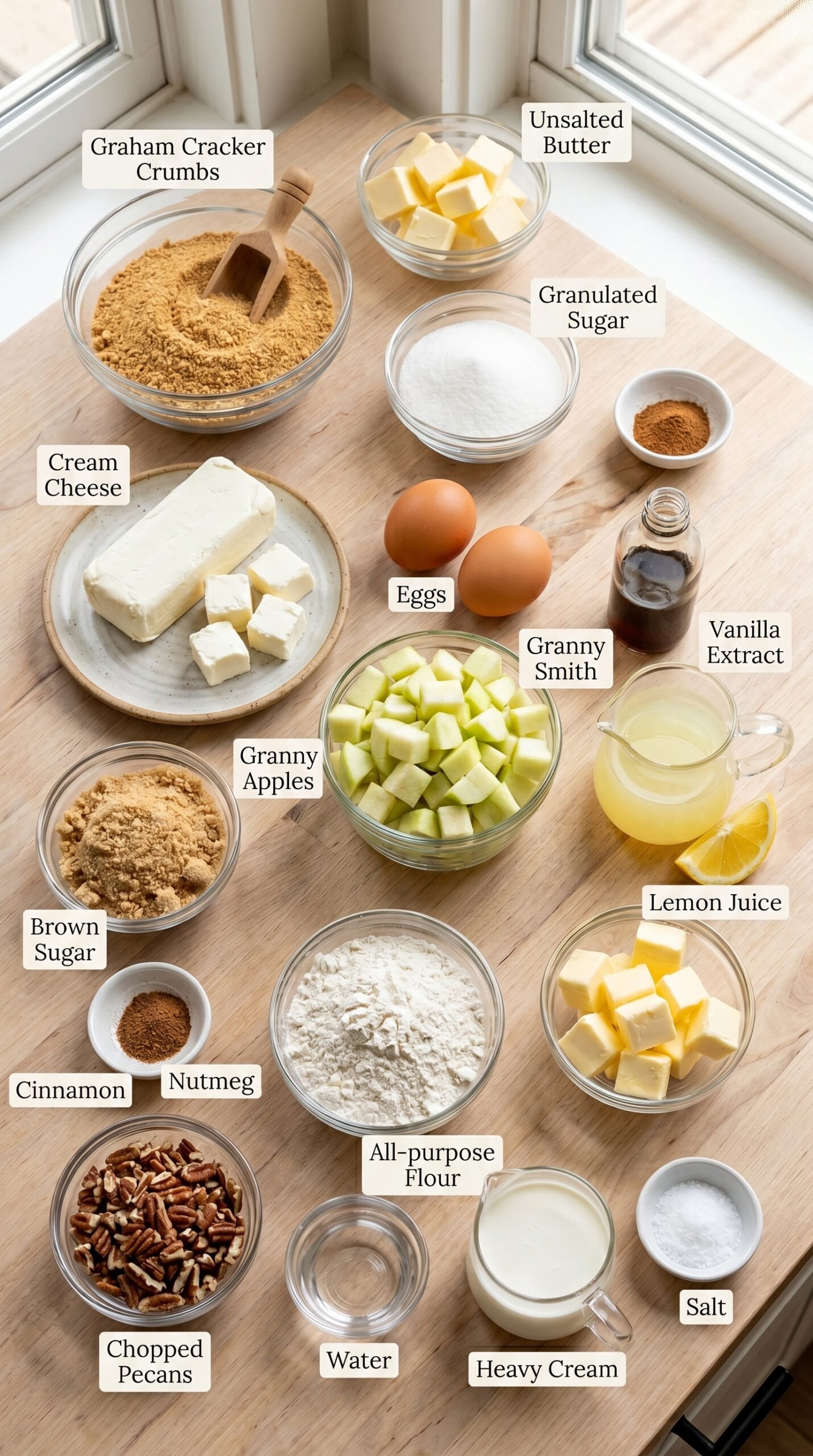 Caramel Apple Cheesecake Bars with Cinnamon Apples and Salted Caramel recipe ingredients