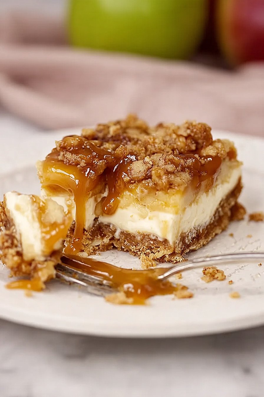 Caramel Apple Cheesecake Bars with Cinnamon Apples and Salted Caramel final result