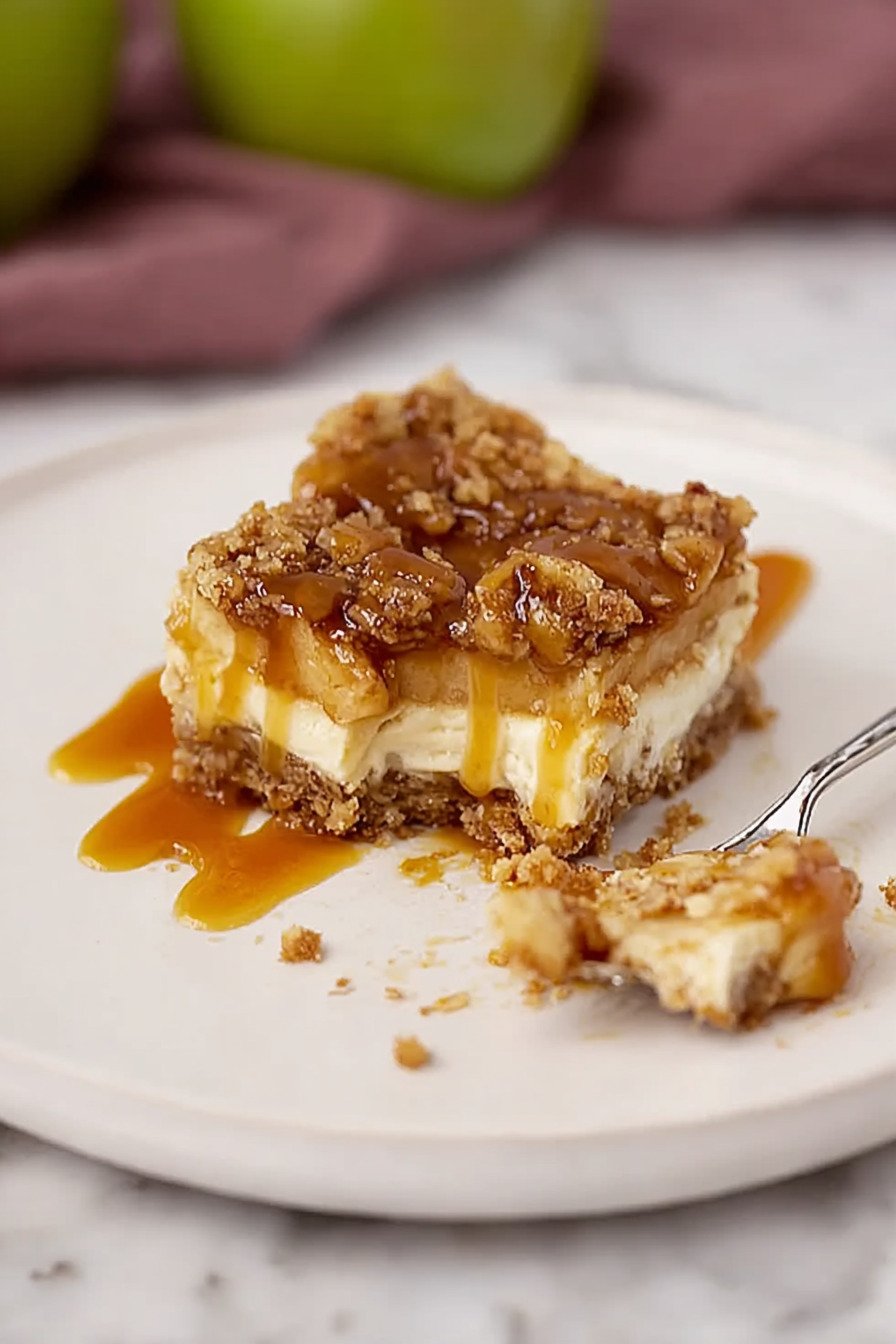 Caramel Apple Cheesecake Bars with Cinnamon Apples and Salted Caramel extra recipe photo