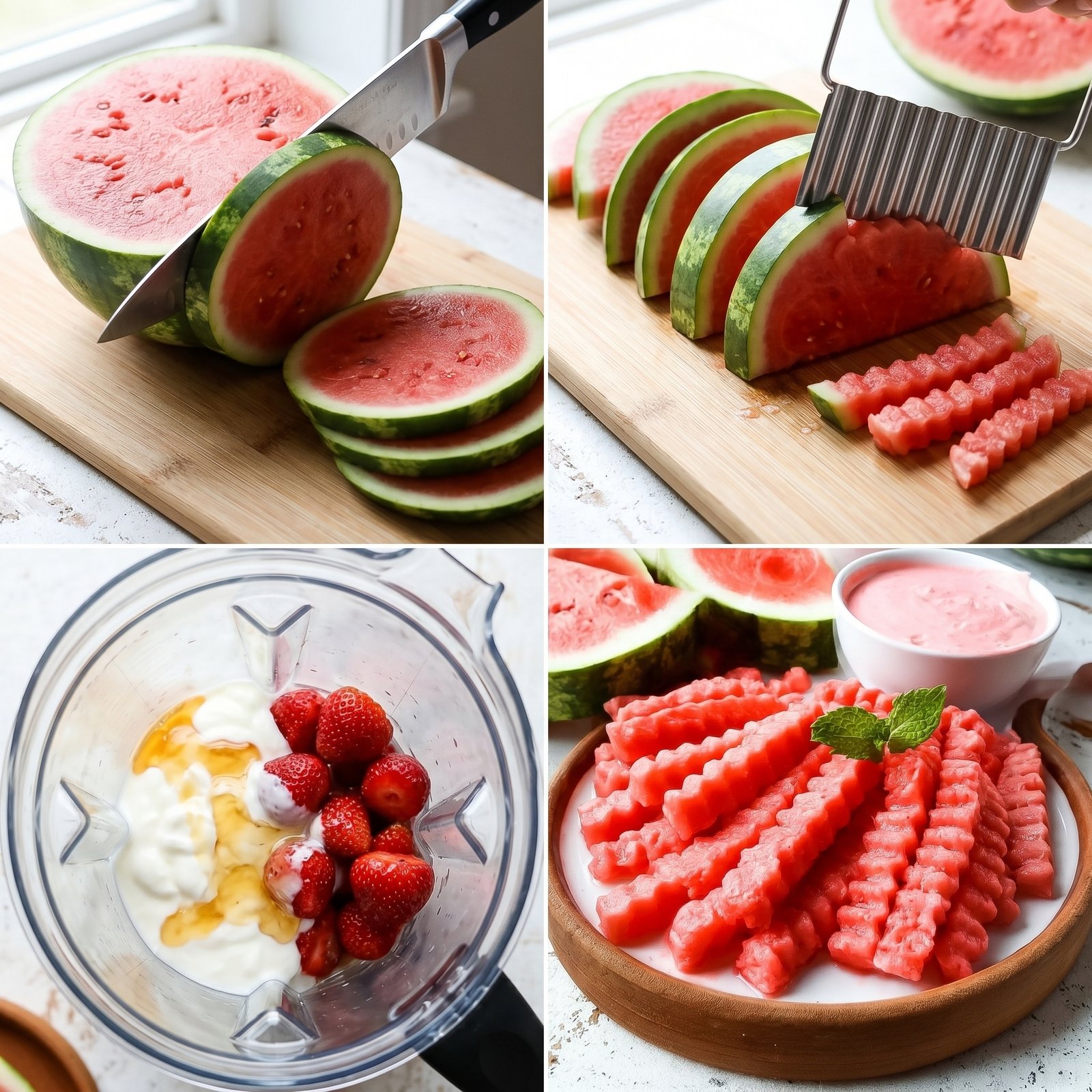 Watermelon Fries With Strawberry Yogurt Dip recipe instructions